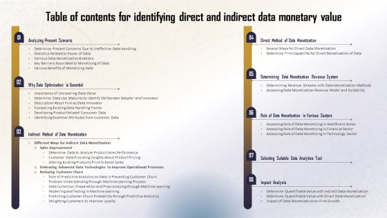 Table Of Contents For Identifying Direct And Indirect Data Monetary Value Designs PDF Table Of Contents For Identifying Direct And Indirect Data Monetary Value Designs PDF