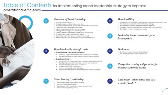 Table Of Contents For Implementing Brand Leadership Strategy To Improve Operationals Graphics PDF Table Of Contents For Implementing Brand Leadership Strategy To Improve Operationals Graphics PDF