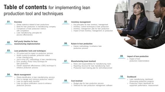 Table Of Contents For Implementing Lean Production Tool And Techniques Information PDF