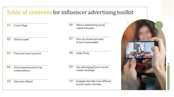 Table Of Contents For Influencer Advertising Toolkit Background PDF