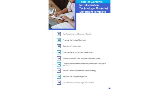 Table Of Contents For Information Technology Financial Statement Template One Pager Documents Table Of Contents For Information Technology Financial Statement Template One Pager Documents