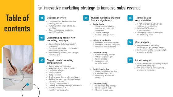 Table Of Contents For Innovative Marketing Strategy To Increase Sales Revenue Clipart PDF