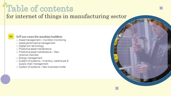 Table Of Contents For Internet Of Things In Manufacturing Sector Icons PDF Table Of Contents For Internet Of Things In Manufacturing Sector Icons PDF