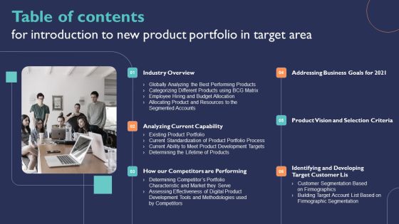 Table Of Contents For Introduction To New Product Portfolio In Target Area Ppt File Sample PDF Table Of Contents For Introduction To New Product Portfolio In Target Area Ppt File Sample PDF
