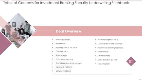 Table Of Contents For Investment Banking Security Underwriting Pitchbook Slide Background PDF Table Of Contents For Investment Banking Security Underwriting Pitchbook Slide Background PDF