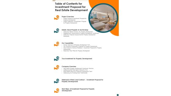 Table Of Contents For Investment Proposal For Real Estate Development One Pager Sample Example Document Table Of Contents For Investment Proposal For Real Estate Development One Pager Sample Example Document