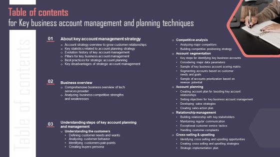 Table Of Contents For Key Business Account Management And Planning Techniques Information PDF Table Of Contents For Key Business Account Management And Planning Techniques Information PDF