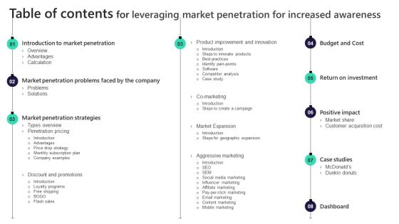 Table Of Contents For Leveraging Market Penetration For Increased Awareness Guidelines PDF Table Of Contents For Leveraging Market Penetration For Increased Awareness Guidelines PDF