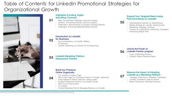 Table Of Contents For Linkedin Promotional Strategies For Organizational Growth Inspiration PDF
