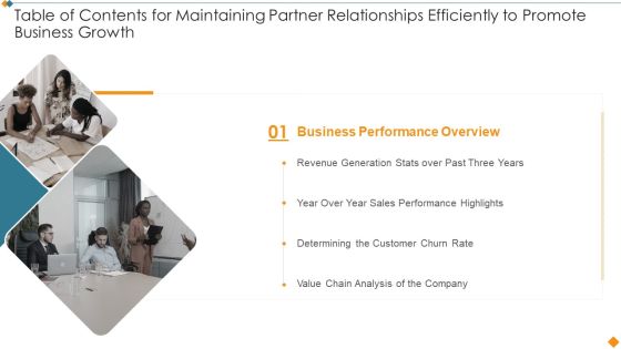 Table Of Contents For Maintaining Partner Relationships Efficiently To Promote Business Brochure PDF Table Of Contents For Maintaining Partner Relationships Efficiently To Promote Business Brochure PDF