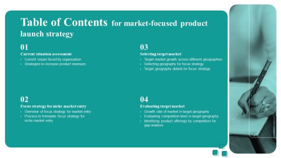 Table Of Contents For Market Focused Product Launch Strategy Clipart PDF