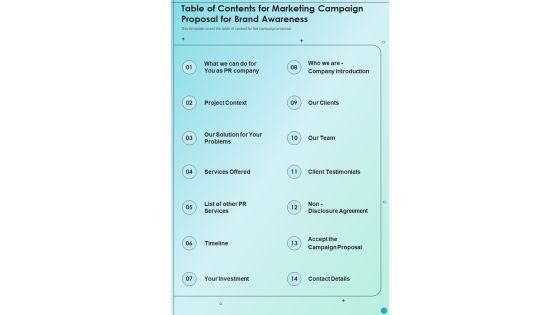 Table Of Contents For Marketing Campaign Proposal For Brand Awareness One Pager Sample Example Document Table Of Contents For Marketing Campaign Proposal For Brand Awareness One Pager Sample Example Document