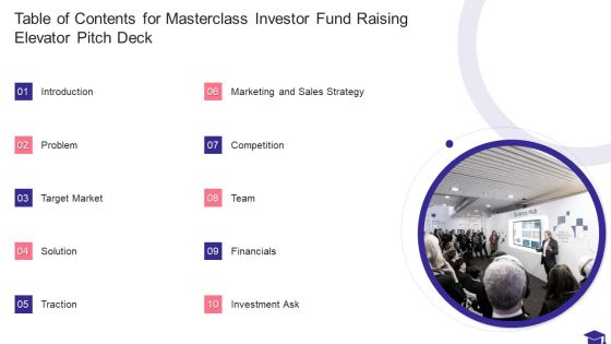 Table Of Contents For Masterclass Investor Fund Raising Elevator Pitch Deck Summary PDF Table Of Contents For Masterclass Investor Fund Raising Elevator Pitch Deck Summary PDF
