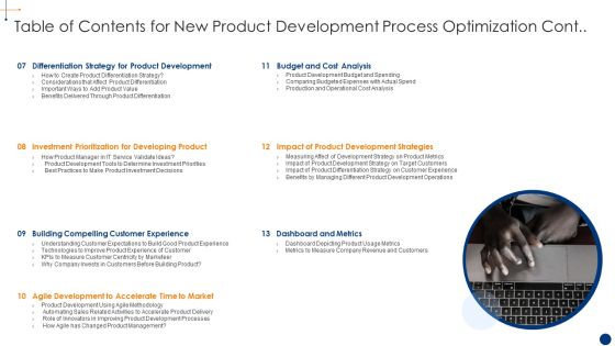 Table Of Contents For New Product Development Process Optimization Strategy Background PDF