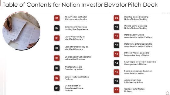 Table Of Contents For Notion Investor Elevator Pitch Deck Slides PDF