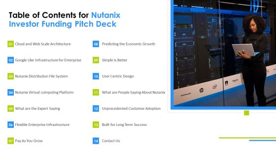 Table Of Contents For Nutanix Investor Funding Pitch Deck Topics PDF
