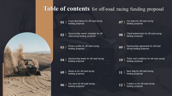 Table Of Contents For Off Road Racing Funding Proposal Ppt PowerPoint Presentation File Layouts PDF