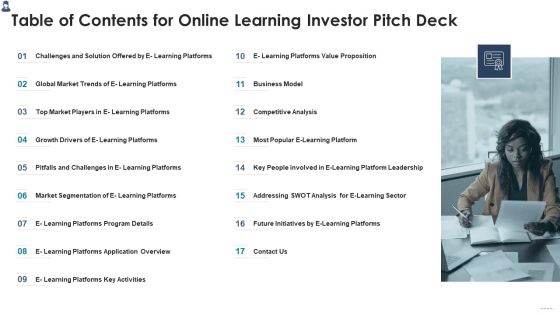 Table Of Contents For Online Learning Investor Pitch Deck Microsoft PDF