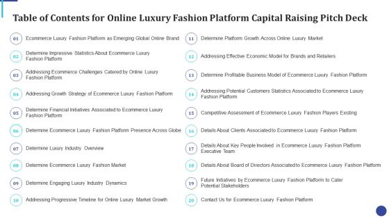 Table Of Contents For Online Luxury Fashion Platform Capital Raising Pitch Deck Brochure PDF Table Of Contents For Online Luxury Fashion Platform Capital Raising Pitch Deck Brochure PDF