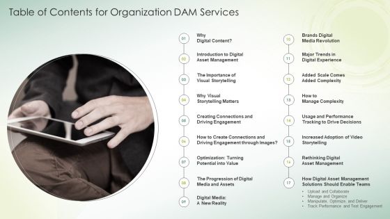 Table Of Contents For Organization DAM Services Ppt PowerPoint Presentation Gallery Icon PDF Table Of Contents For Organization DAM Services Ppt PowerPoint Presentation Gallery Icon PDF