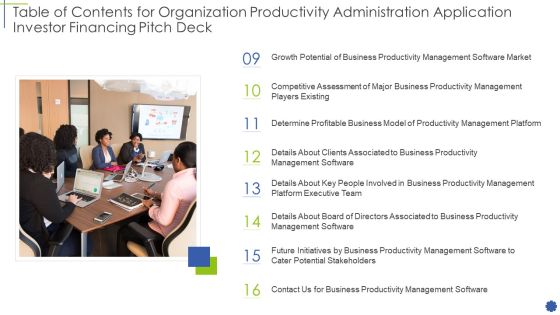 Table Of Contents For Organization Productivity Administration Application Investor Financing Market Ppt File Slide Download PDF Table Of Contents For Organization Productivity Administration Application Investor Financing Market Ppt File Slide Download PDF