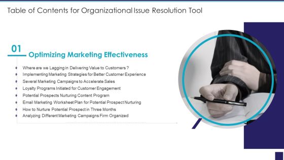 Table Of Contents For Organizational Issue Resolution Tool Effectiveness Slides PDF Table Of Contents For Organizational Issue Resolution Tool Effectiveness Slides PDF