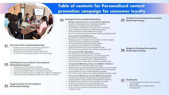 Table Of Contents For Personalized Content Promotion Campaign For Consumer Loyalty Ppt PowerPoint Presentation Diagram Images PDF Table Of Contents For Personalized Content Promotion Campaign For Consumer Loyalty Ppt PowerPoint Presentation Diagram Images PDF