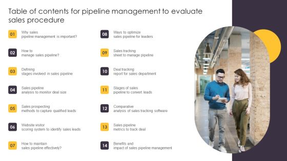 Table Of Contents For Pipeline Management To Evaluate Sales Procedure Brochure PDF Table Of Contents For Pipeline Management To Evaluate Sales Procedure Brochure PDF