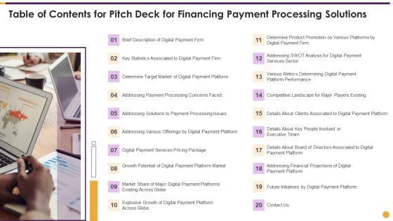 Table Of Contents For Pitch Deck For Financing Payment Graphics PDF Table Of Contents For Pitch Deck For Financing Payment Graphics PDF
