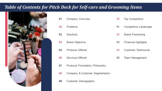 Table Of Contents For Pitch Deck For Self Care And Grooming Items Ppt Summary Example PDF Table Of Contents For Pitch Deck For Self Care And Grooming Items Ppt Summary Example PDF