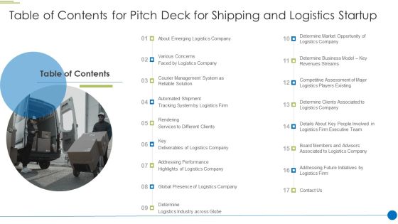 Table Of Contents For Pitch Deck For Shipping And Logistics Startup Infographics PDF Table Of Contents For Pitch Deck For Shipping And Logistics Startup Infographics PDF