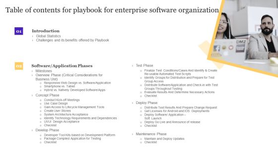 Table Of Contents For Playbook For Enterprise Software Organization Guidelines PDF Table Of Contents For Playbook For Enterprise Software Organization Guidelines PDF