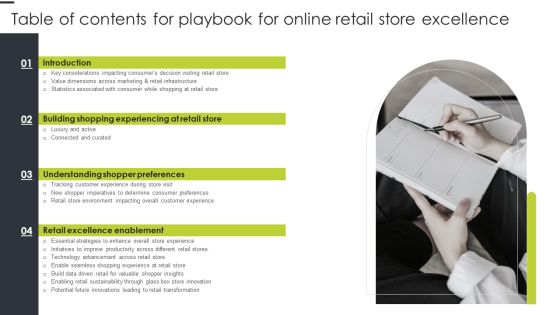 Table Of Contents For Playbook For Online Retail Store Excellence Topics PDF Table Of Contents For Playbook For Online Retail Store Excellence Topics PDF