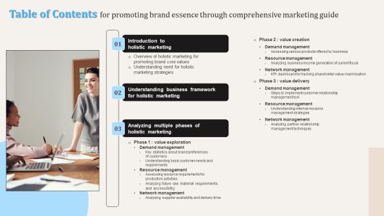 Table Of Contents For Promoting Brand Essence Through Comprehensive Marketing Guide Icons PDF Table Of Contents For Promoting Brand Essence Through Comprehensive Marketing Guide Icons PDF