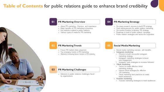 Table Of Contents For Public Relations Guide To Enhance Brand Credibility Brochure PDF Table Of Contents For Public Relations Guide To Enhance Brand Credibility Brochure PDF