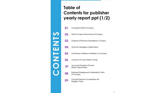Table Of Contents For Publisher Yearly Report Ppt One Pager Documents Table Of Contents For Publisher Yearly Report Ppt One Pager Documents