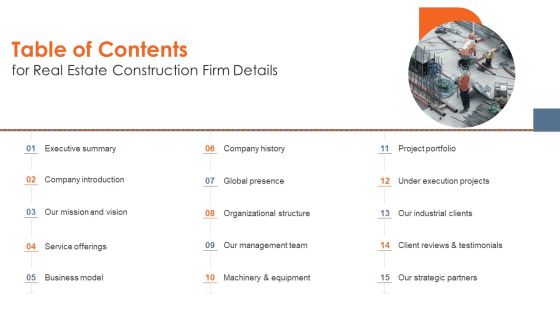 Table Of Contents For Real Estate Construction Firm Details Demonstration PDF Table Of Contents For Real Estate Construction Firm Details Demonstration PDF