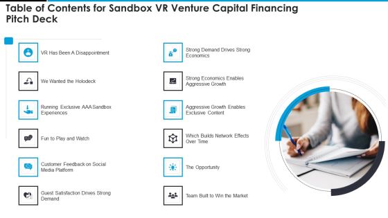 Table Of Contents For Sandbox VR Venture Capital Financing Pitch Deck Ideas PDF Table Of Contents For Sandbox VR Venture Capital Financing Pitch Deck Ideas PDF