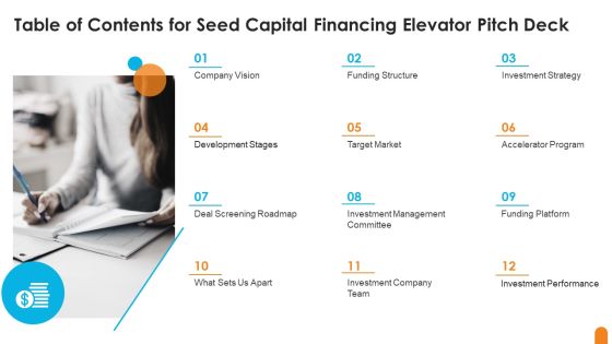 Table Of Contents For Seed Capital Financing Elevator Pitch Deck Background PDF Table Of Contents For Seed Capital Financing Elevator Pitch Deck Background PDF