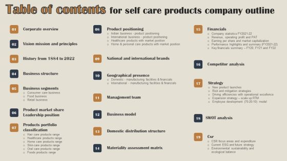 Table Of Contents For Self Care Products Company Outline Professional PDF Table Of Contents For Self Care Products Company Outline Professional PDF
