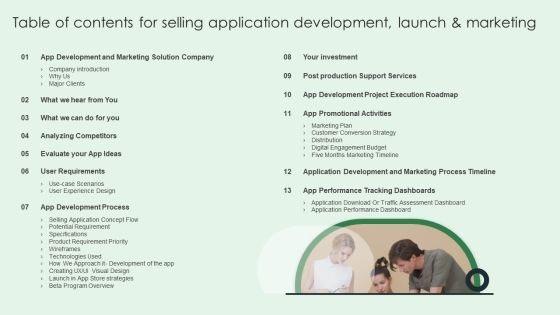 Table Of Contents For Selling Application Development Launch And Marketing Sample PDF Table Of Contents For Selling Application Development Launch And Marketing Sample PDF