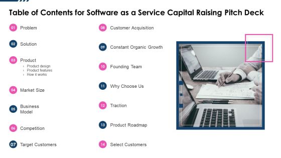 Table Of Contents For Software As A Service Capital Raising Pitch Deck Structure PDF Table Of Contents For Software As A Service Capital Raising Pitch Deck Structure PDF
