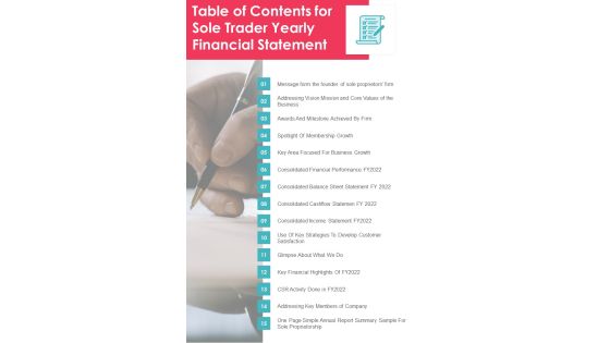 Table Of Contents For Sole Trader Yearly Financial Statement One Pager Documents Table Of Contents For Sole Trader Yearly Financial Statement One Pager Documents