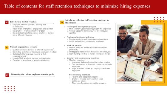 Table Of Contents For Staff Retention Techniques To Minimize Hiring Expenses Elements PDF Table Of Contents For Staff Retention Techniques To Minimize Hiring Expenses Elements PDF