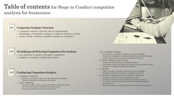 Table Of Contents For Steps To Conductcompetitor Analysis For Businesses Icons PDF Table Of Contents For Steps To Conductcompetitor Analysis For Businesses Icons PDF