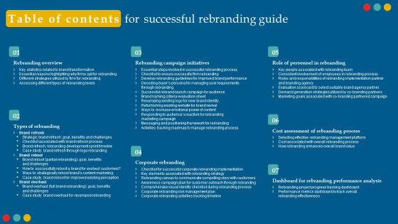 Table Of Contents For Successful Rebranding Guide Information PDF