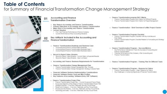 Table Of Contents For Summary Of Financial Transformation Change Management Strategy Information PDF