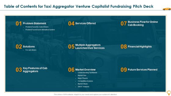 Table Of Contents For Taxi Aggregator Venture Capitalist Fundraising Pitch Deck Slides PDF Table Of Contents For Taxi Aggregator Venture Capitalist Fundraising Pitch Deck Slides PDF