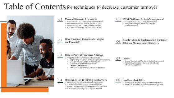Table Of Contents For Techniques To Decrease Customer Turnover Information PDF Table Of Contents For Techniques To Decrease Customer Turnover Information PDF