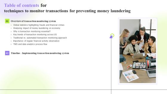 Table Of Contents For Techniques To Monitor Transactions For Preventing Money Laundering Introduction PDF Table Of Contents For Techniques To Monitor Transactions For Preventing Money Laundering Introduction PDF